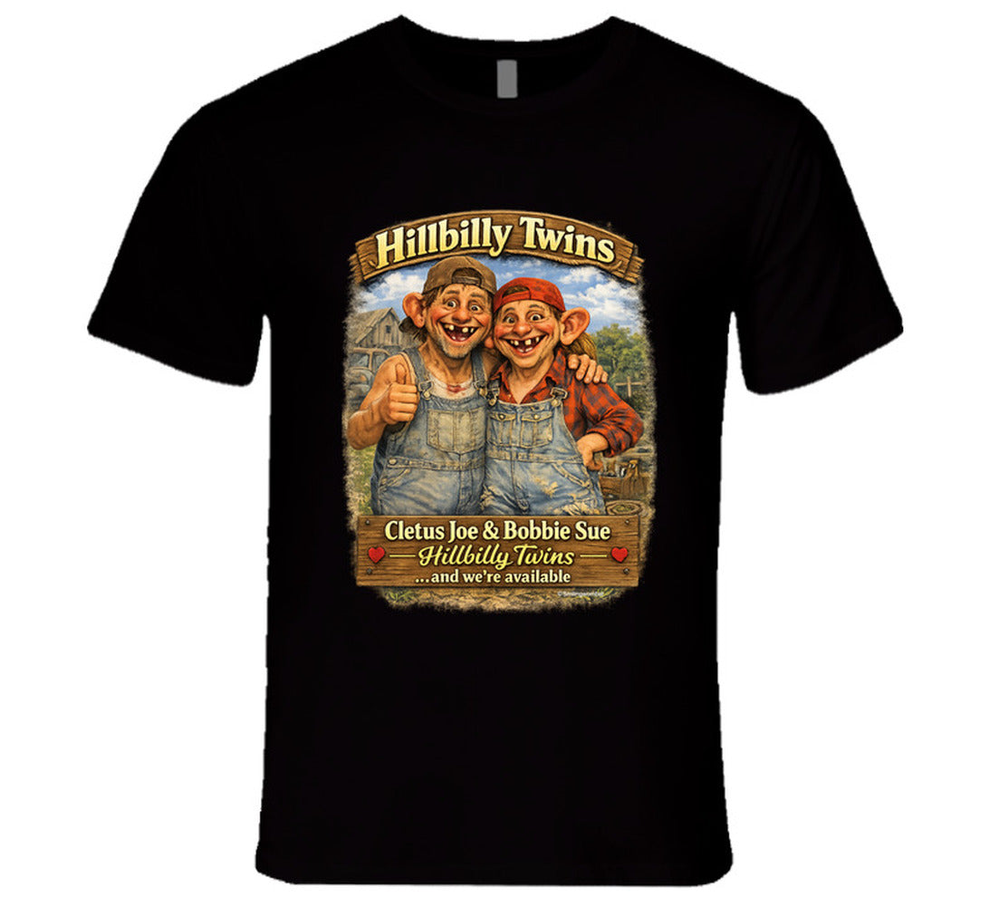Hillbilly Twins retro country humor graphic tee in black