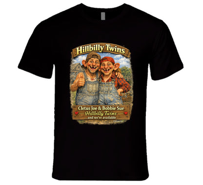 Hillbilly Twins retro country humor graphic tee in black