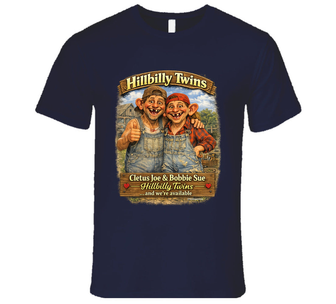 Cletus Joe and Bobbie Sue hillbilly twins novelty t-shirt in navy
