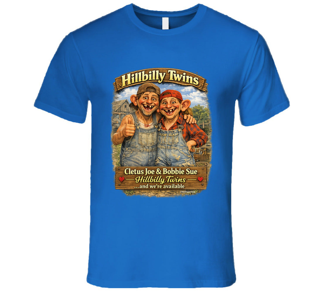 Funny hillbilly twins country graphic t-shirt in royal blue