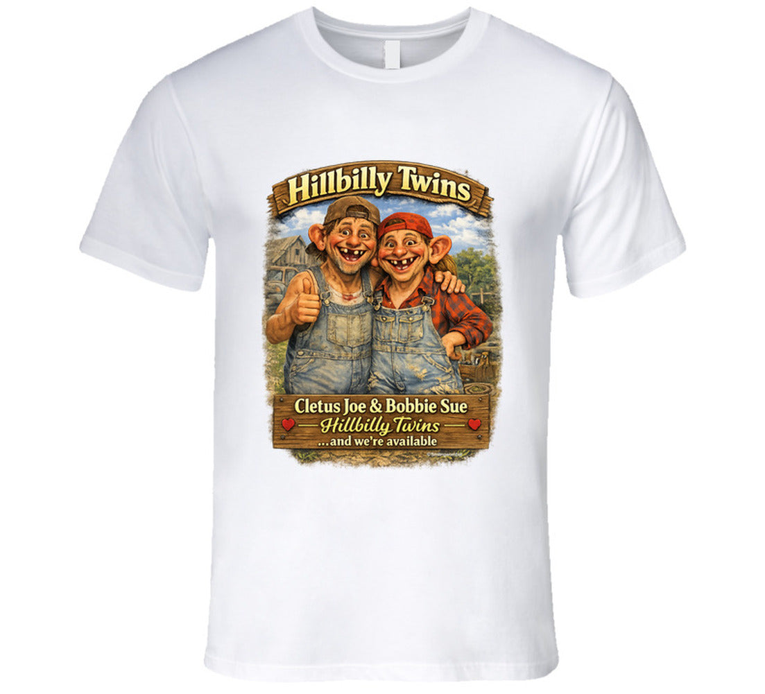 Hillbilly Twins Cletus Joe Bobbie Sue funny country graphic t-shirt in white