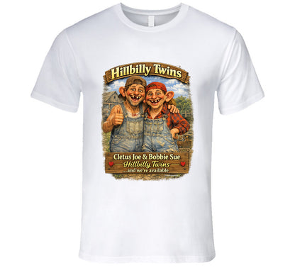 Hillbilly Twins Cletus Joe Bobbie Sue funny country graphic t-shirt in white