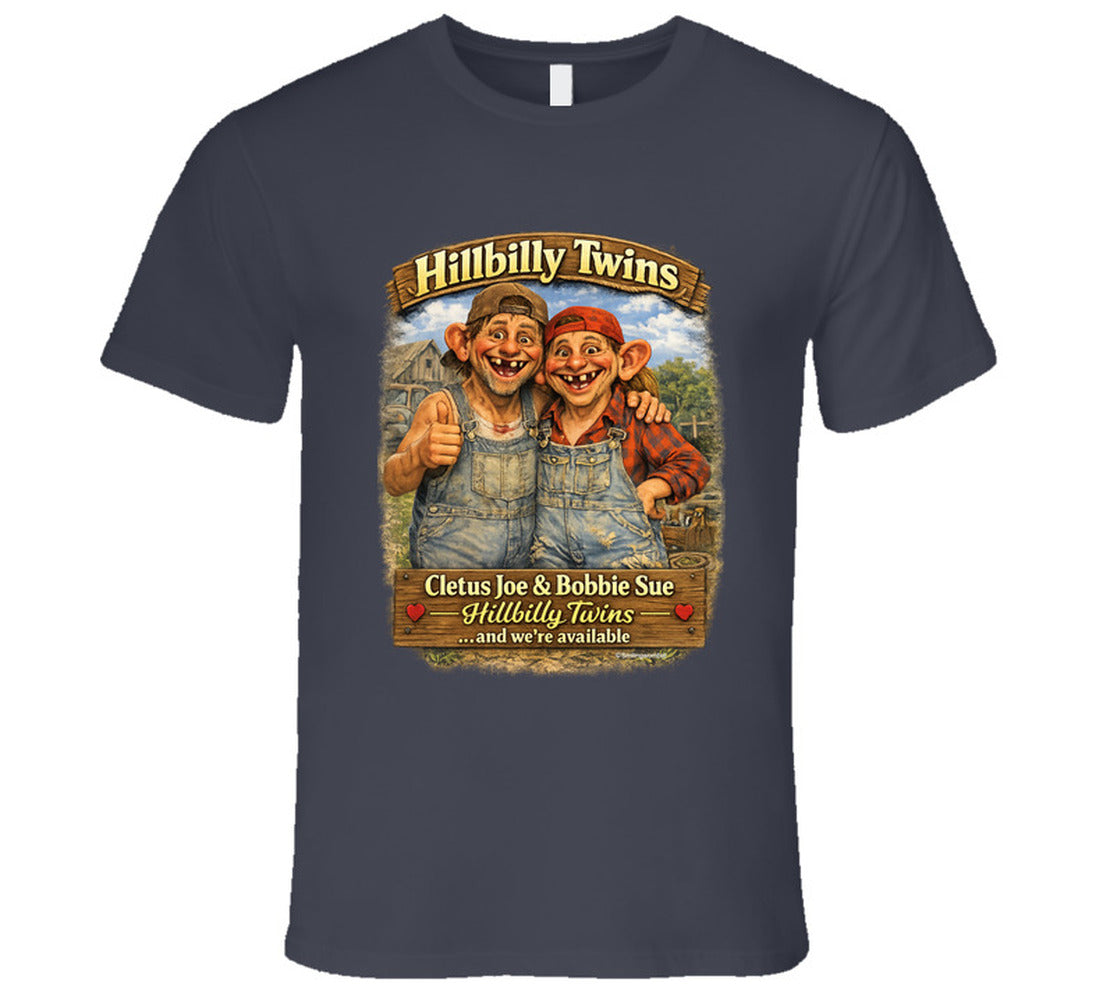 Hillbilly Twins Americana humor t-shirt in charcoal grey