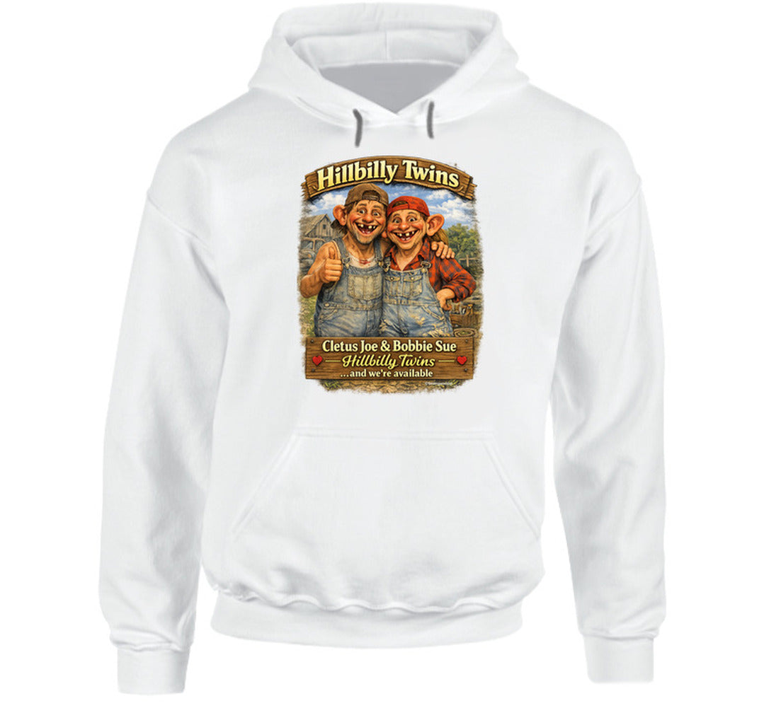 Hillbilly Twins Cletus Joe Bobbie Sue funny country pullover hoodie in white