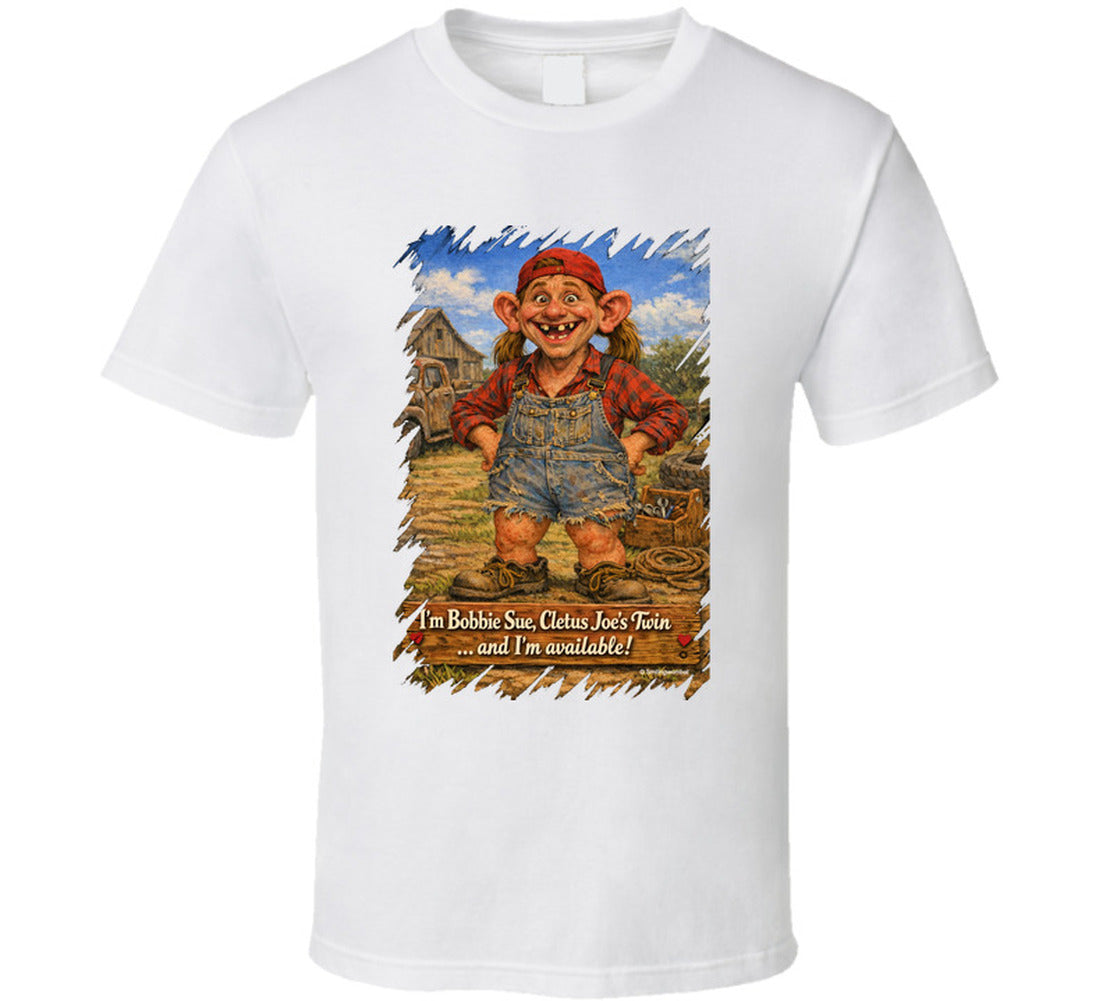Bobbie Sue Hillbilly Graphic T-Shirt in White – Smiling Wombat Cletus Joe Design