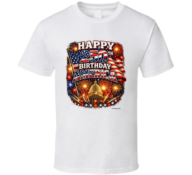 USA 250th Birthday T-Shirt in White – Smiling Wombat Patriotic Apparel