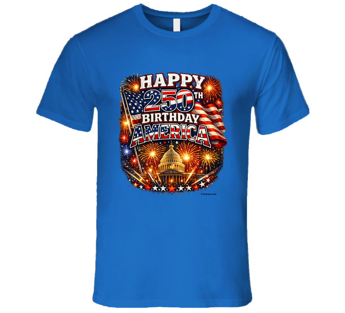 USA 250th Birthday T-Shirt in Royal Blue – Smiling Wombat Patriotic Apparel
