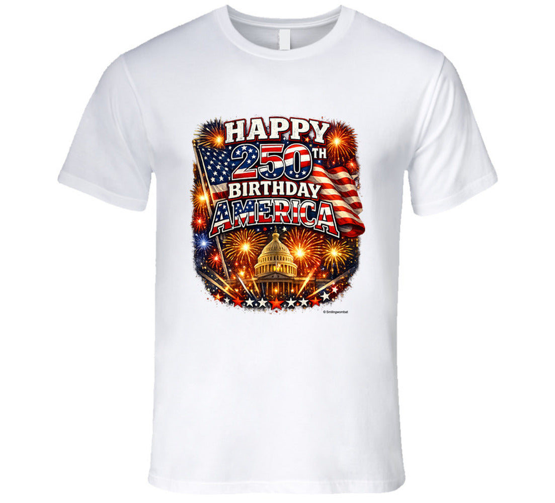 USA 250th Birthday T-Shirt in White – Smiling Wombat Patriotic Apparel