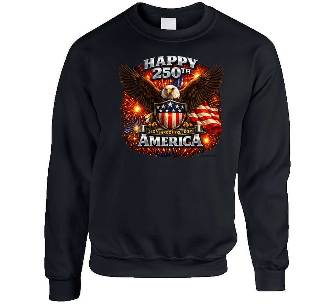 Black USA 250th Birthday Sweatshirt with bald eagle shield design — Smiling Wombat patriotic fleece