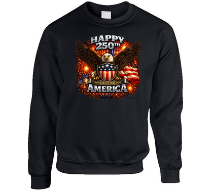 Black USA 250th Birthday Sweatshirt with bald eagle shield design — Smiling Wombat patriotic fleece