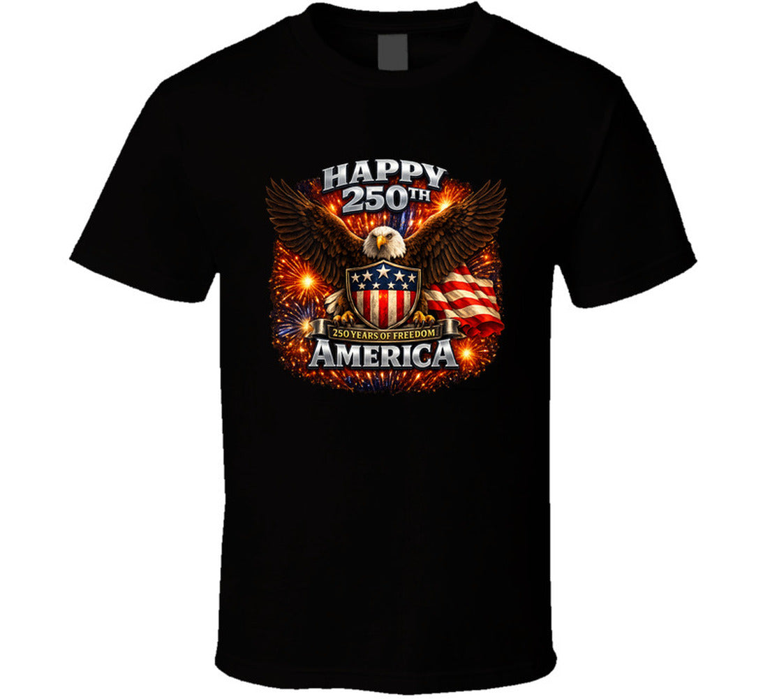 USA 250th Birthday Black T-Shirt featuring eagle, stars and stripes shield — Smiling Wombat patriotic apparel