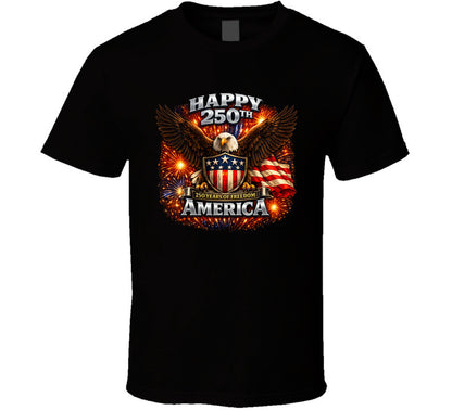 USA 250th Birthday Black T-Shirt featuring eagle, stars and stripes shield — Smiling Wombat patriotic apparel