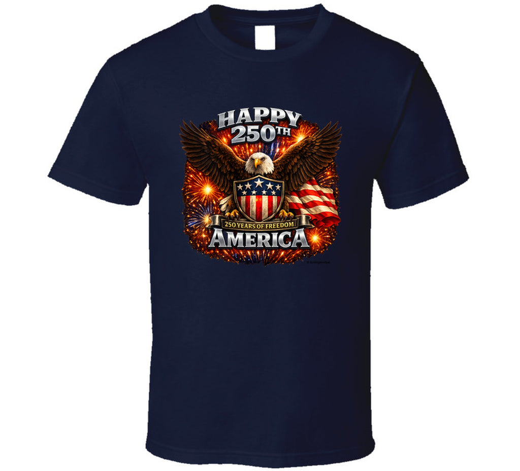 Navy blue USA 250th Birthday T-Shirt with American eagle graphic — celebrate America's 250th anniversary