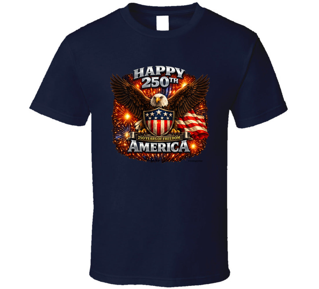 Navy blue USA 250th Birthday T-Shirt with American eagle graphic — celebrate America's 250th anniversary
