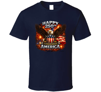 Navy blue USA 250th Birthday T-Shirt with American eagle graphic — celebrate America's 250th anniversary