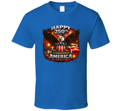 Royal blue USA 250th Birthday T-Shirt with bald eagle and fireworks — patriotic 4th of July shirt