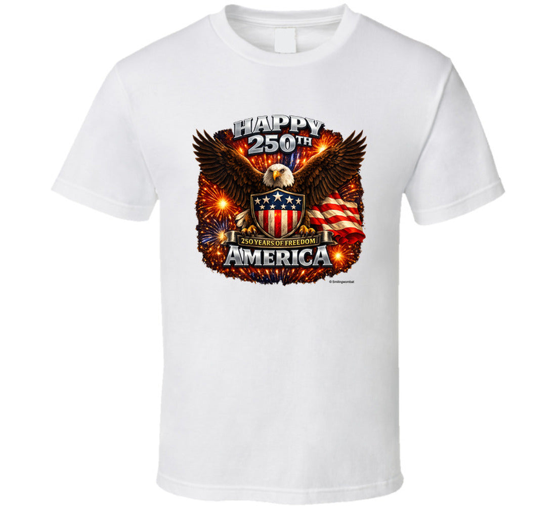 USA 250th Birthday White T-Shirt with patriotic bald eagle and fireworks design — America 250 Years of Freedom
