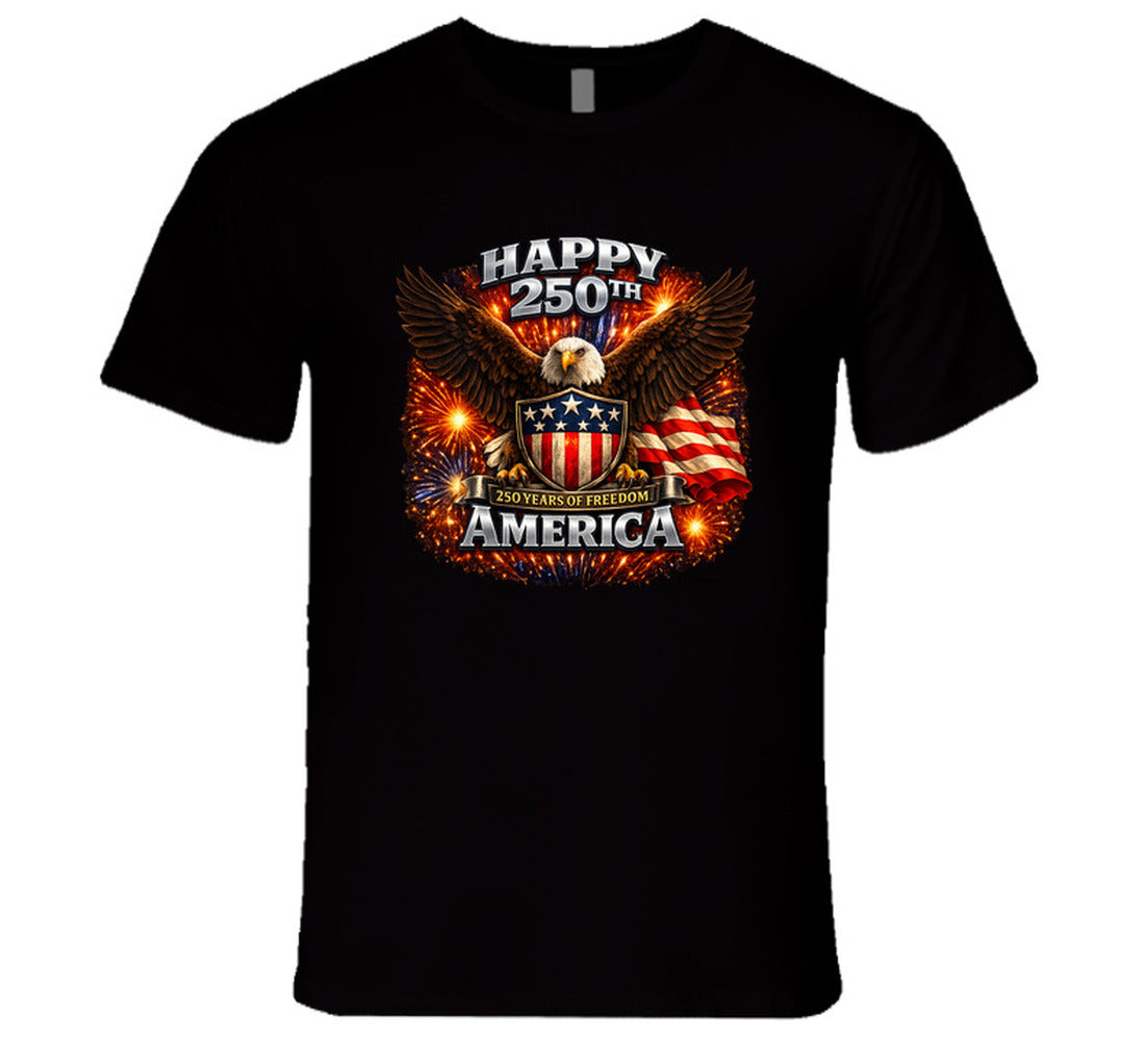 USA 250th Birthday Black T-Shirt featuring eagle, stars and stripes shield — Smiling Wombat patriotic apparel