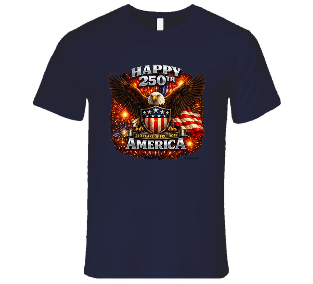 Navy blue USA 250th Birthday T-Shirt with American eagle graphic — celebrate America's 250th anniversary