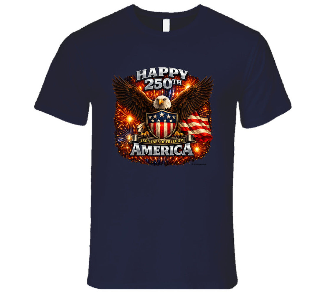 Navy blue USA 250th Birthday T-Shirt with American eagle graphic — celebrate America's 250th anniversary