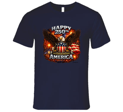 Navy blue USA 250th Birthday T-Shirt with American eagle graphic — celebrate America's 250th anniversary