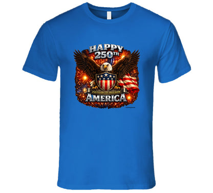 Royal blue USA 250th Birthday T-Shirt with bald eagle and fireworks — patriotic 4th of July shirt