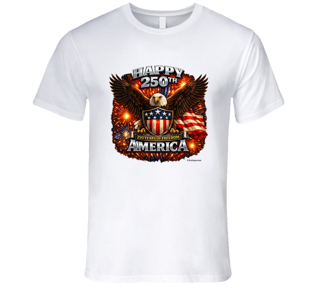 USA 250th Birthday White T-Shirt with patriotic bald eagle and fireworks design — America 250 Years of Freedom