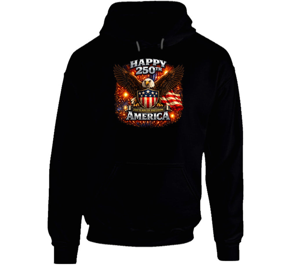 Black USA 250th Birthday Hoodie with eagle shield design — Smiling Wombat patriotic heavyweight hoodie