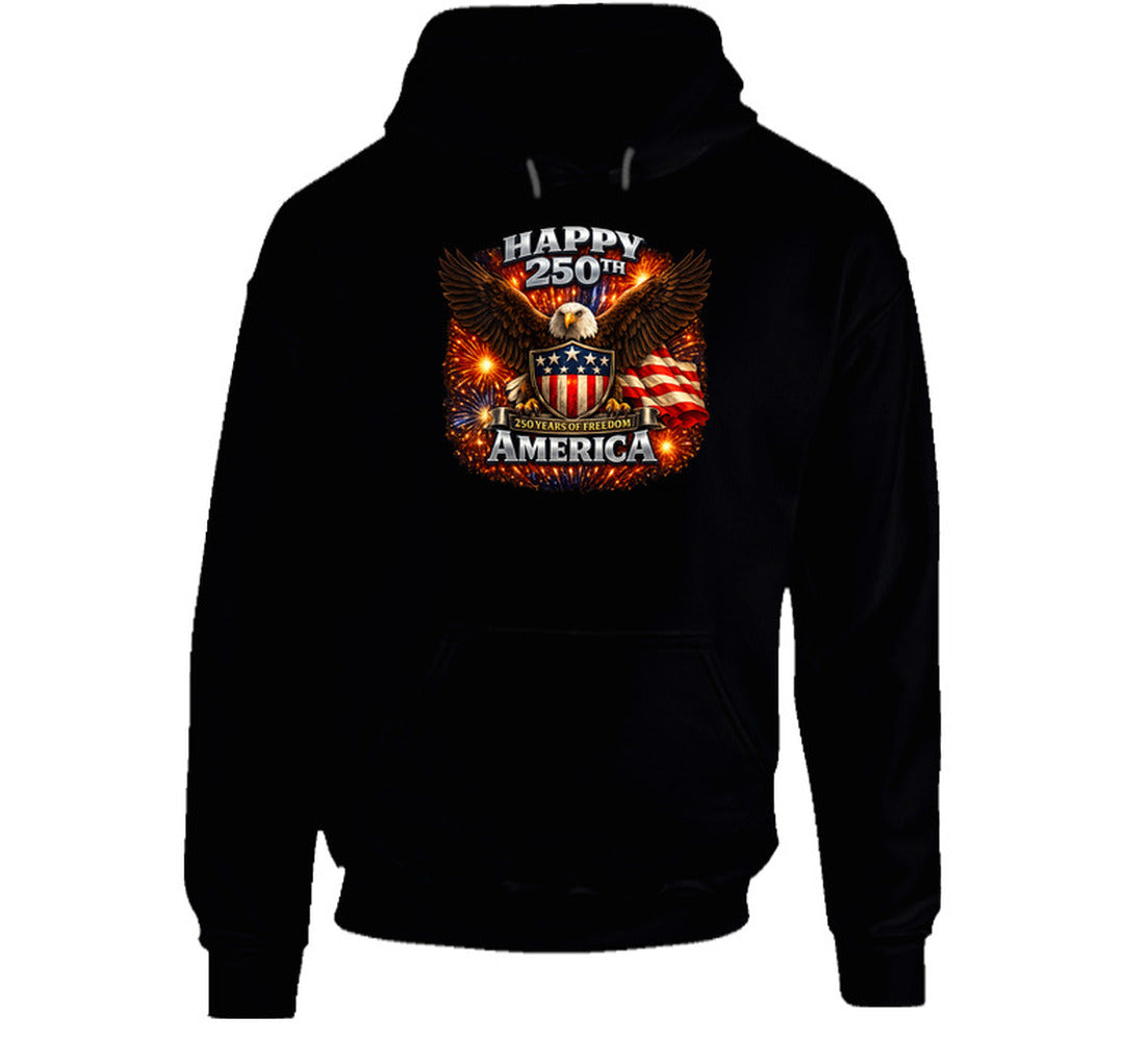 Black USA 250th Birthday Hoodie with eagle shield design — Smiling Wombat patriotic heavyweight hoodie