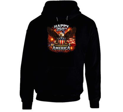 Black USA 250th Birthday Hoodie with eagle shield design — Smiling Wombat patriotic heavyweight hoodie