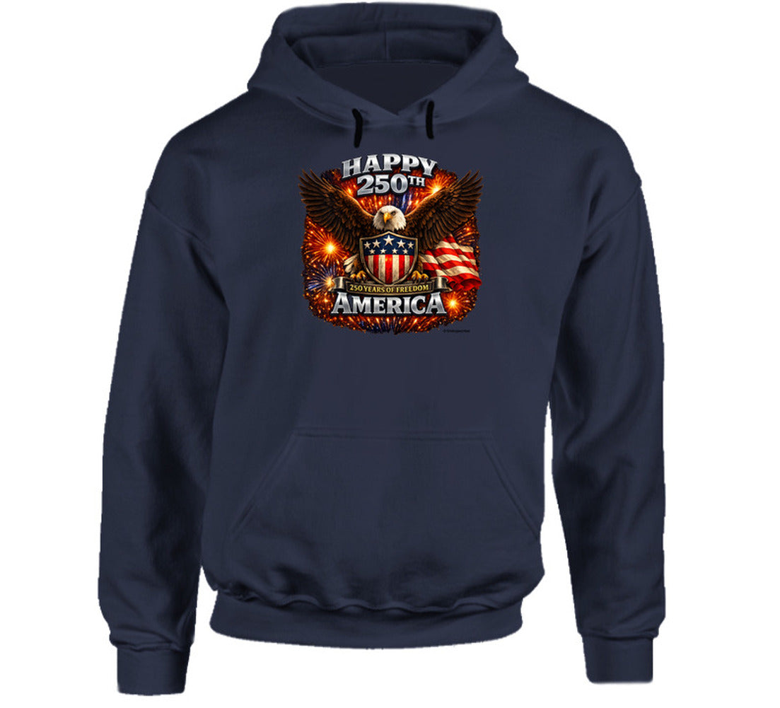 Navy USA 250th Birthday Hoodie featuring American eagle and fireworks — celebrate America's 250th