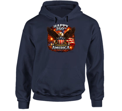 Navy USA 250th Birthday Hoodie featuring American eagle and fireworks — celebrate America's 250th
