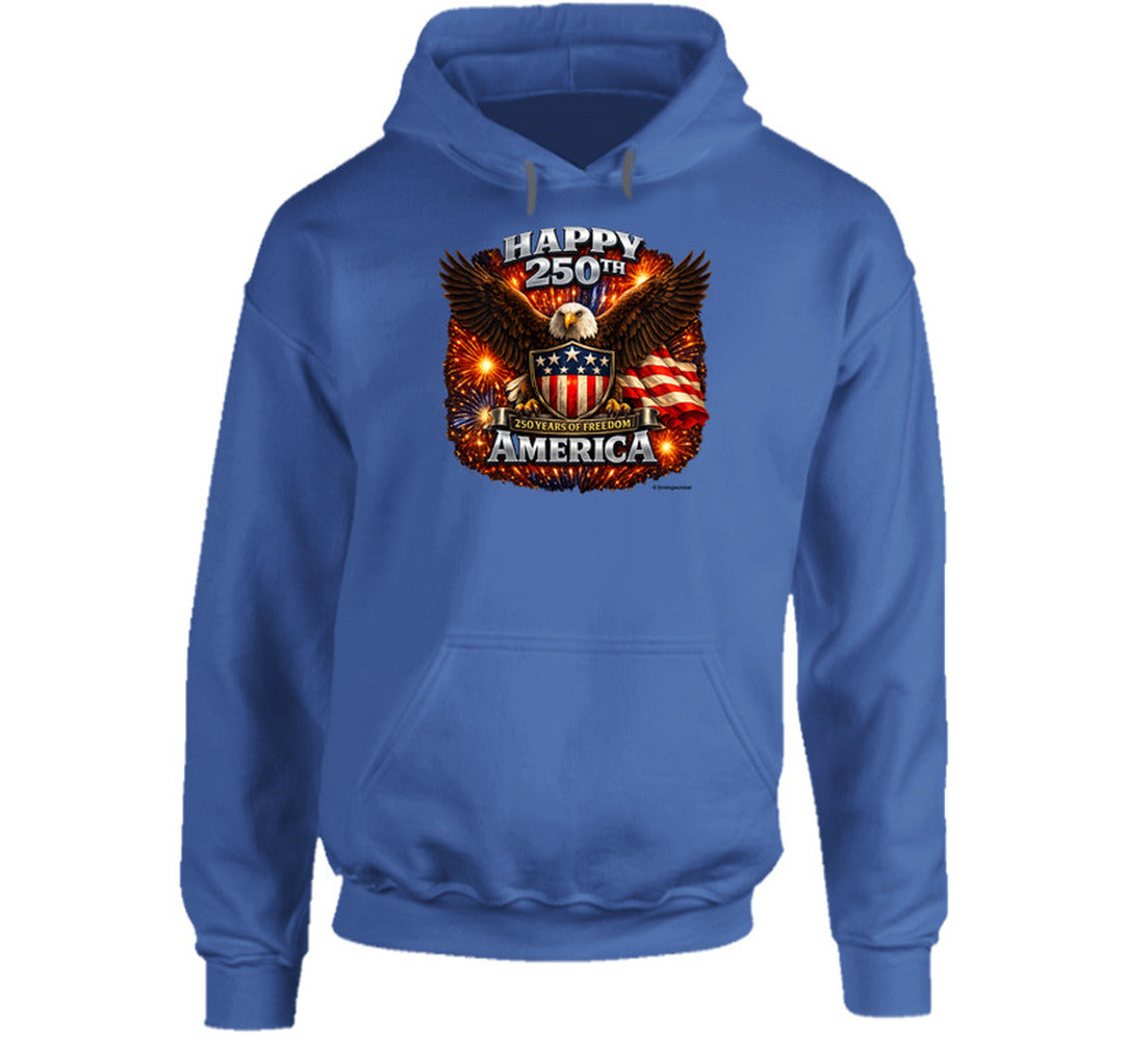 Royal blue USA 250th Birthday Hoodie with bald eagle and stars — patriotic 4th of July hoodie