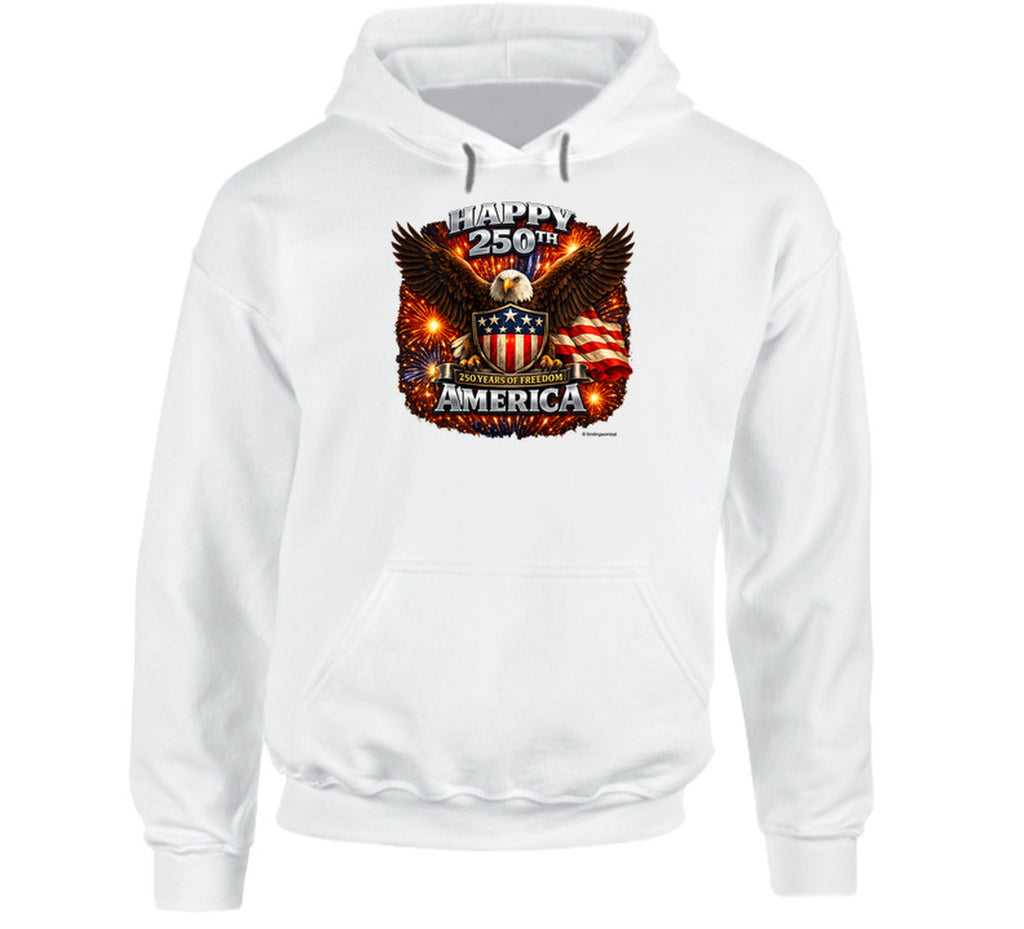 USA 250th Birthday White Hoodie with patriotic bald eagle and fireworks — America 250 pullover