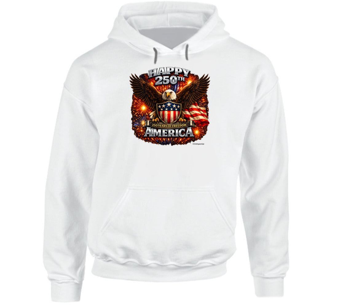 USA 250th Birthday White Hoodie with patriotic bald eagle and fireworks — America 250 pullover