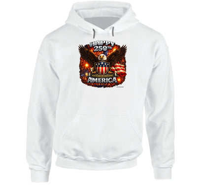 USA 250th Birthday White Hoodie with patriotic bald eagle and fireworks — America 250 pullover