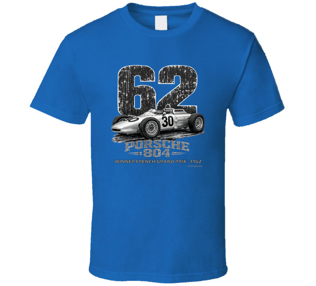 1962 Porsche 804 Formula 1 retro racing t-shirt in royal blue