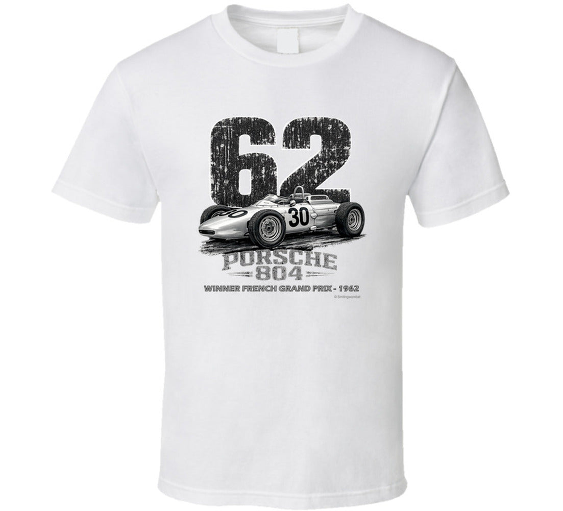 1962 Porsche 804 Formula 1 vintage racing t-shirt in white with distressed graphic