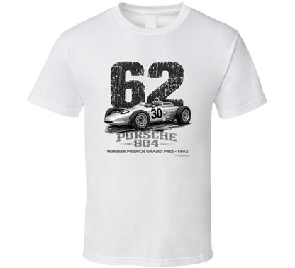 1962 Porsche 804 Formula 1 vintage racing t-shirt in white with distressed graphic