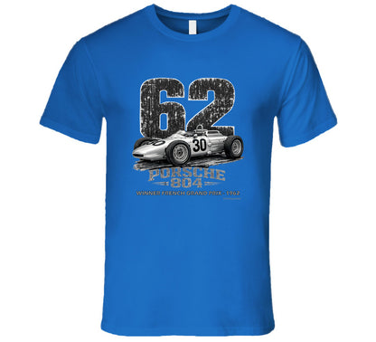 1962 Porsche 804 Formula 1 retro racing t-shirt in royal blue