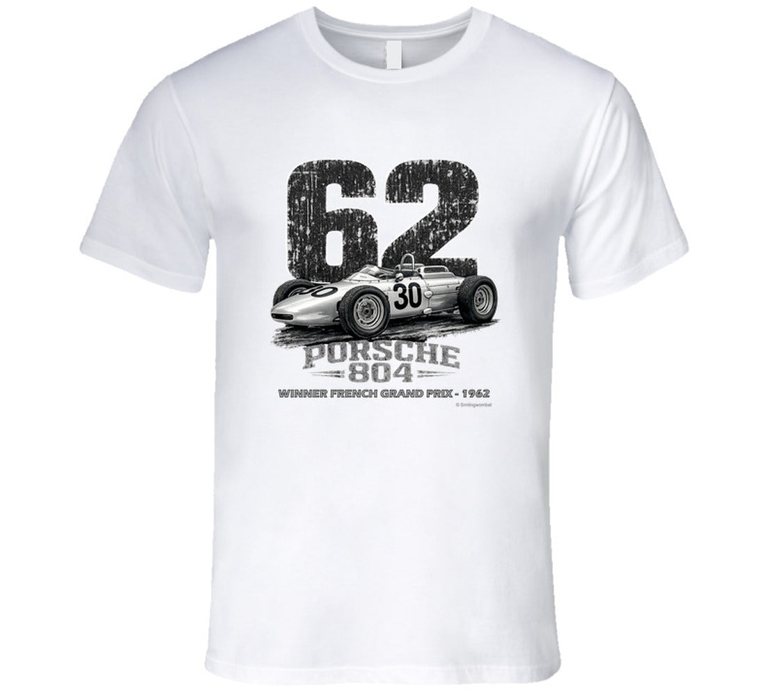 1962 Porsche 804 Formula 1 vintage racing t-shirt in white with distressed graphic