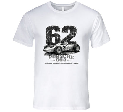 1962 Porsche 804 Formula 1 vintage racing t-shirt in white with distressed graphic