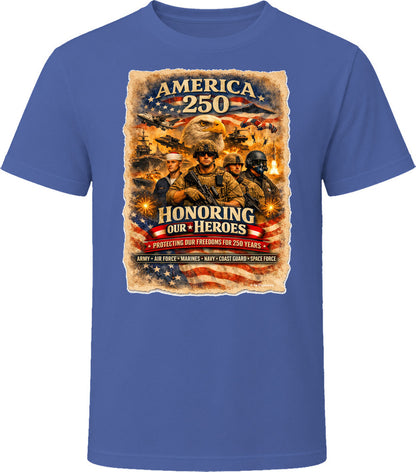 America 250 anniversary military graphic T-shirt in navy blue honoring US veterans and armed forces