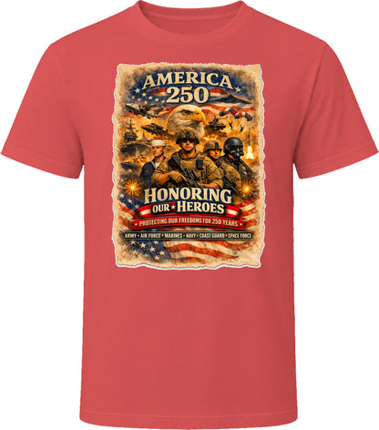America 250 bold military patriotic T-shirt in red celebrating 250 years of US freedom
