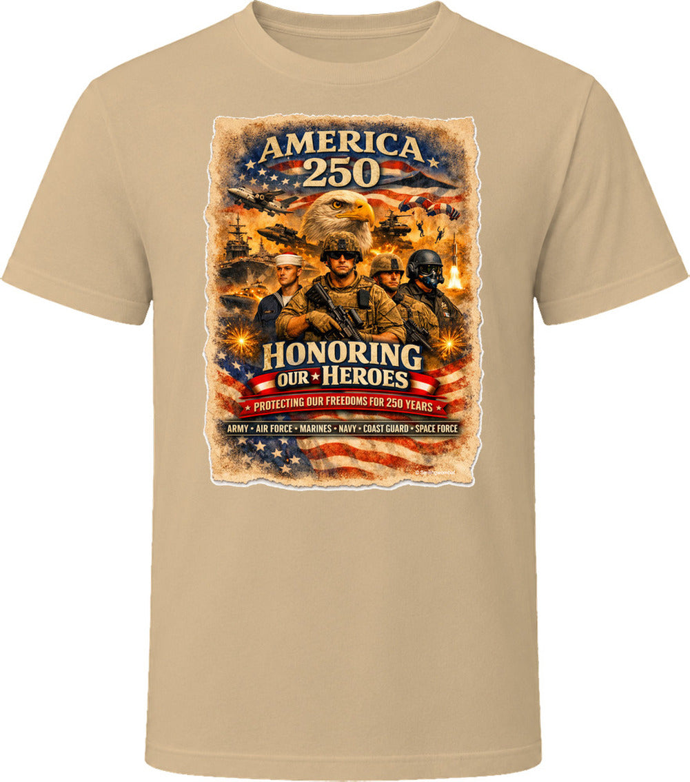 America 250 military-style patriotic T-shirt in tan featuring Army Air Force Marines Navy Coast Guard Space Force