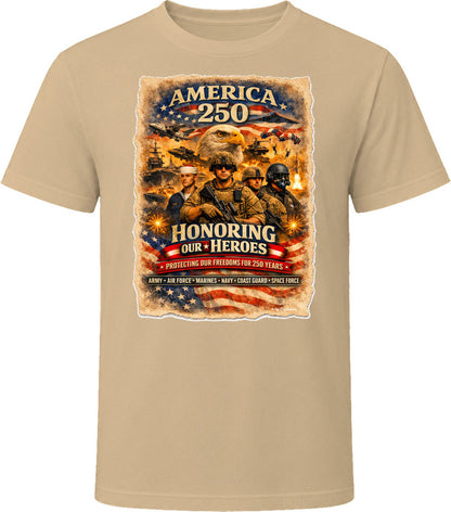 America 250 military-style patriotic T-shirt in tan featuring Army Air Force Marines Navy Coast Guard Space Force