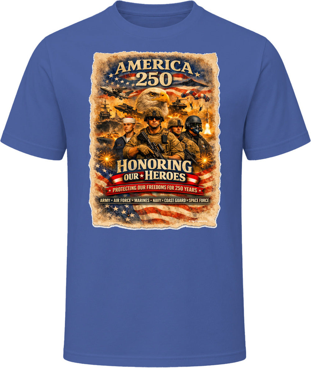 America 250 anniversary military graphic T-shirt in navy blue honoring US veterans and armed forces