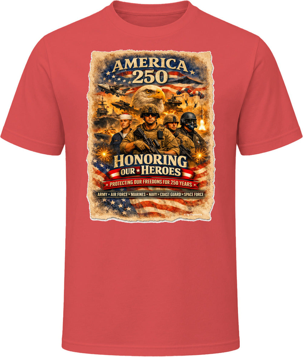 America 250 bold military patriotic T-shirt in red celebrating 250 years of US freedom
