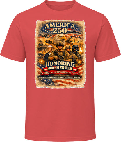 America 250 bold military patriotic T-shirt in red celebrating 250 years of US freedom