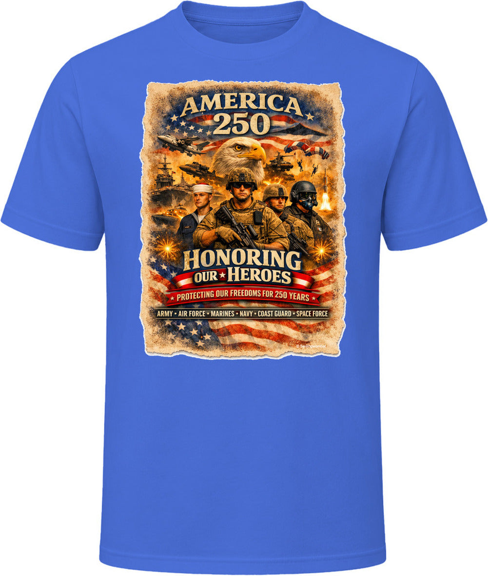  Patriotic America 250 Honoring Our Heroes T-shirt in royal blue featuring US military branches